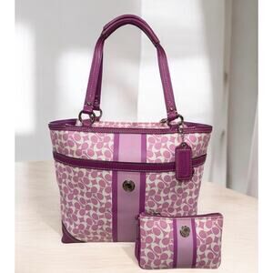 Y2K Coach F15137 Chelsea Heritage Signature Stripe Tote & Wristlet